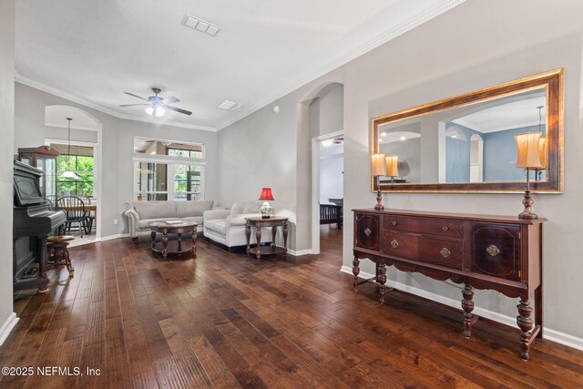 322 Cooper Bay Ct, Saint Augustine, FL 32092 - living room with ceiling fan, visible vents, crown molding, baseboards, and hardwood / wood-style floors