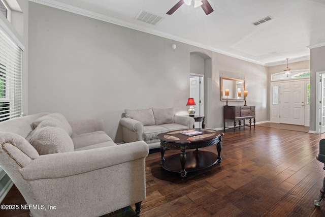 322 Cooper Bay Ct, Saint Augustine, FL 32092 - living room with visible vents, a ceiling fan, and ornamental molding