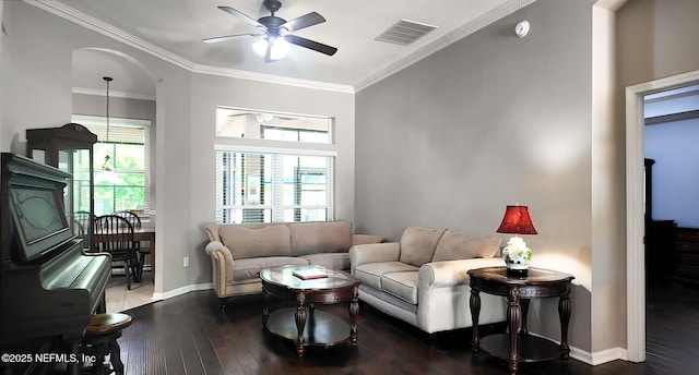 322 Cooper Bay Ct, Saint Augustine, FL 32092 - living area featuring a healthy amount of sunlight, ornamental molding, a ceiling fan, and hardwood / wood-style flooring