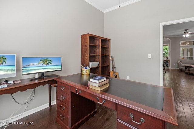 322 Cooper Bay Ct, Saint Augustine, FL 32092 - home office with crown molding, dark wood-style flooring, ceiling fan, and baseboards