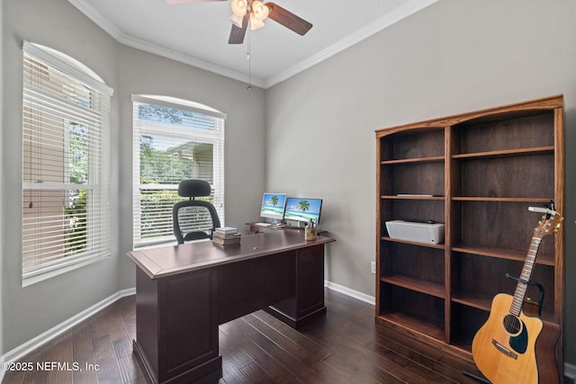 322 Cooper Bay Ct, Saint Augustine, FL 32092 - office featuring baseboards, a ceiling fan, dark wood-style flooring, and crown molding