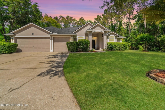 322 Cooper Bay Ct, Saint Augustine, FL 32092 - ranch-style house featuring concrete driveway, stucco siding, an attached garage, and a front yard