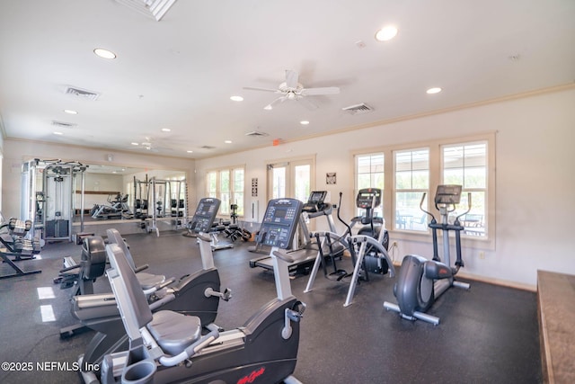 322 Cooper Bay Ct, Saint Augustine, FL 32092 - workout area with ornamental molding, recessed lighting, ceiling fan, and visible vents