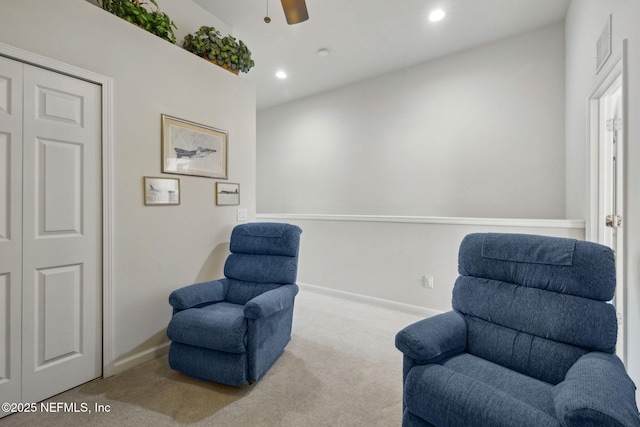 sitting room with a ceiling fan, visible vents, baseboards, carpet flooring, and recessed lighting