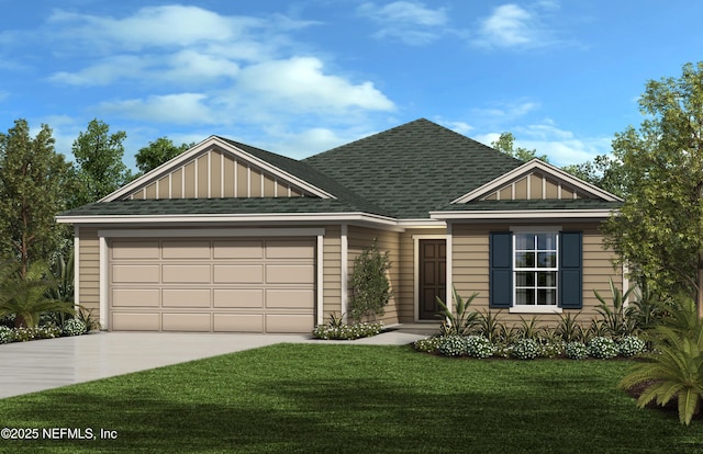 view of front of property featuring a garage, roof with shingles, a front yard, and concrete driveway