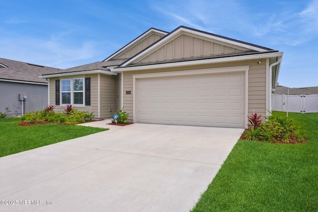 3044 Rustic Deer Way, Green Cove Springs, FL 32043 - ranch-style home with fence, a front lawn, concrete driveway, board and batten siding, and a garage