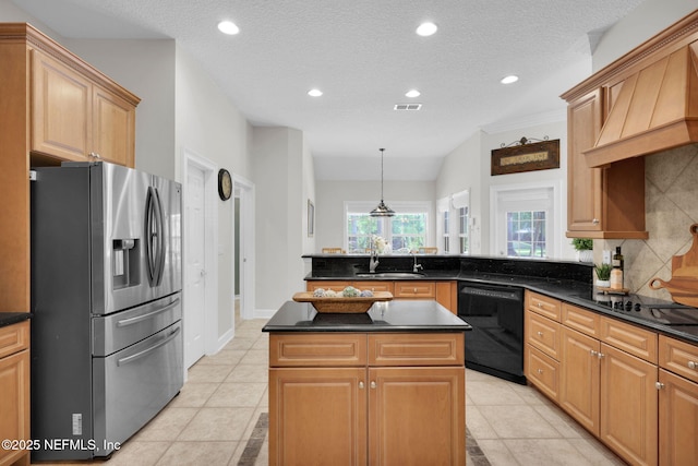 kitchen with dark countertops, a sink, recessed lighting, backsplash, and black appliances