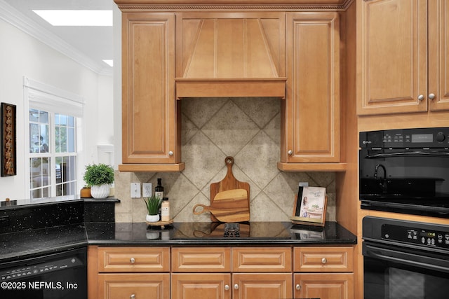 kitchen with crown molding, decorative backsplash, and black appliances