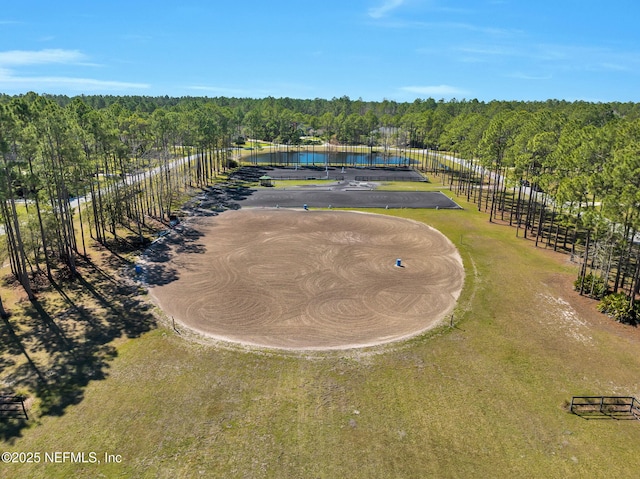drone / aerial view with a water view and a view of trees