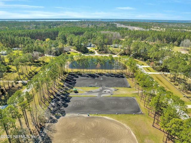 drone / aerial view featuring a water view and a forest view