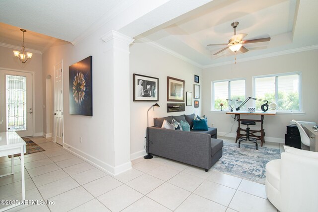291 Whisper Rock Dr, Ponte Vedra, FL 32081 - living area with crown molding, light tile patterned flooring, a raised ceiling, ceiling fan, and a chandelier