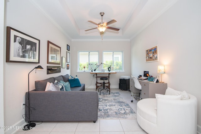 291 Whisper Rock Dr, Ponte Vedra, FL 32081 - living area featuring a tray ceiling, an office area, a ceiling fan, light tile patterned floors, and baseboards
