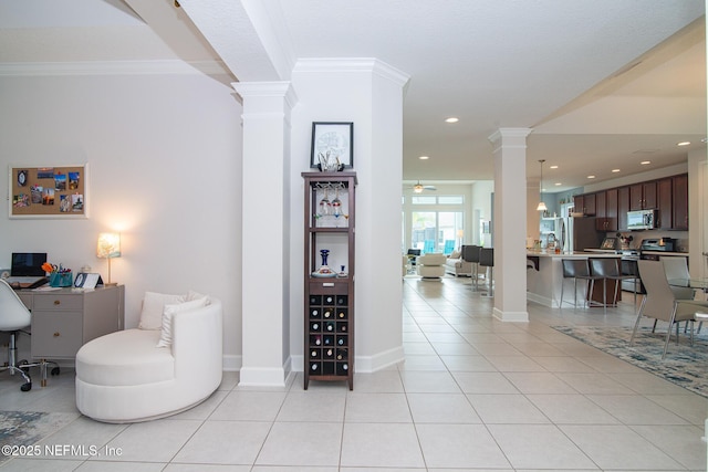 291 Whisper Rock Dr, Ponte Vedra, FL 32081 - home office featuring decorative columns, ornamental molding, light tile patterned floors, recessed lighting, and a ceiling fan