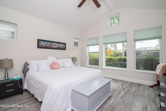 291 Whisper Rock Dr, Ponte Vedra, FL 32081 - bedroom featuring wood finished floors, beamed ceiling, baseboards, a ceiling fan, and high vaulted ceiling