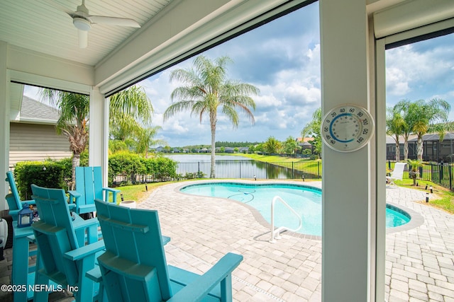 291 Whisper Rock Dr, Ponte Vedra, FL 32081 - view of swimming pool featuring a fenced backyard, a patio, a water view, and ceiling fan