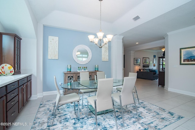 291 Whisper Rock Dr, Ponte Vedra, FL 32081 - dining area with light tile patterned floors, a chandelier, ornamental molding, a ceiling fan, and baseboards