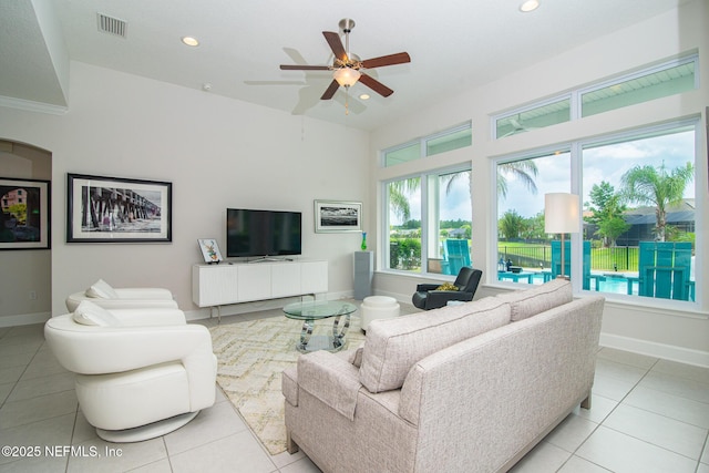291 Whisper Rock Dr, Ponte Vedra, FL 32081 - living room featuring recessed lighting, a ceiling fan, light tile patterned floors, and baseboards