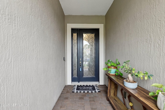 view of exterior entry featuring stucco siding