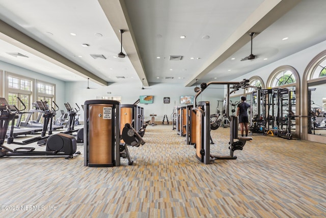 workout area featuring visible vents, carpet flooring, and recessed lighting