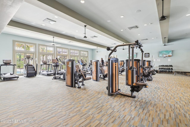 gym featuring ceiling fan, recessed lighting, visible vents, and carpet