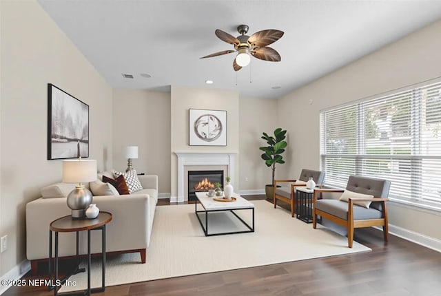 1124 Westfield Way, Saint Augustine, FL 32095 - living area featuring wood finished floors, a glass covered fireplace, and ceiling fan