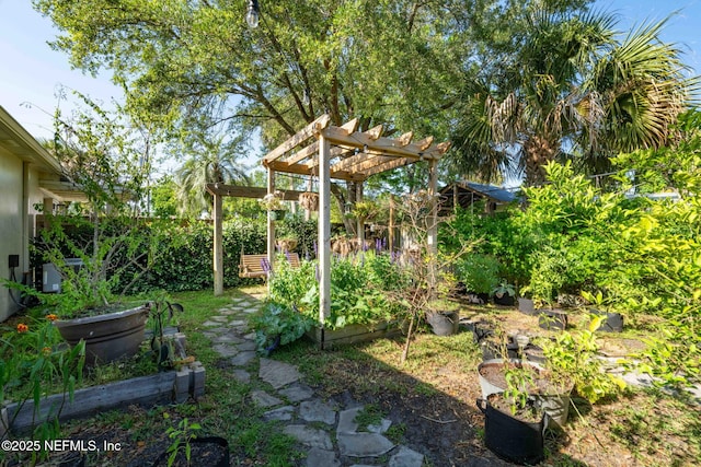view of yard with a vegetable garden and a pergola