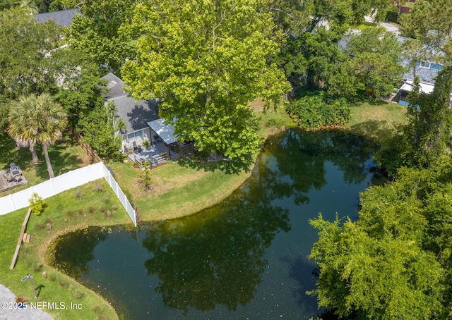 birds eye view of property featuring a water view
