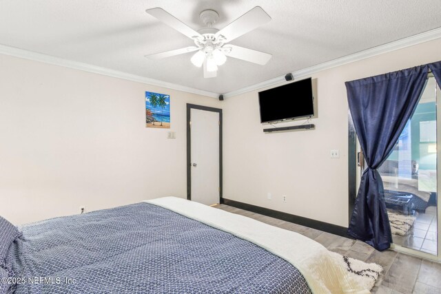 bedroom with baseboards, a ceiling fan, crown molding, and light wood-style flooring