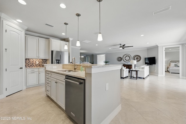 kitchen with recessed lighting, appliances with stainless steel finishes, visible vents, and tasteful backsplash
