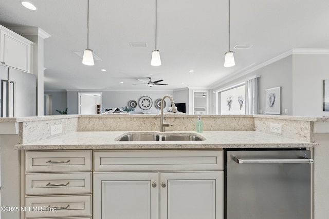 kitchen with hanging light fixtures, dishwasher, a sink, light stone counters, and ornamental molding