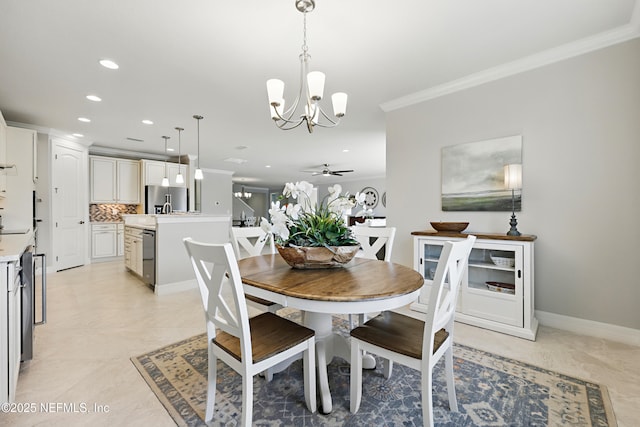 dining area featuring crown molding, recessed lighting, baseboards, and ceiling fan with notable chandelier