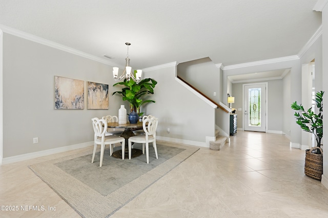 tiled dining space with stairs, a notable chandelier, and ornamental molding