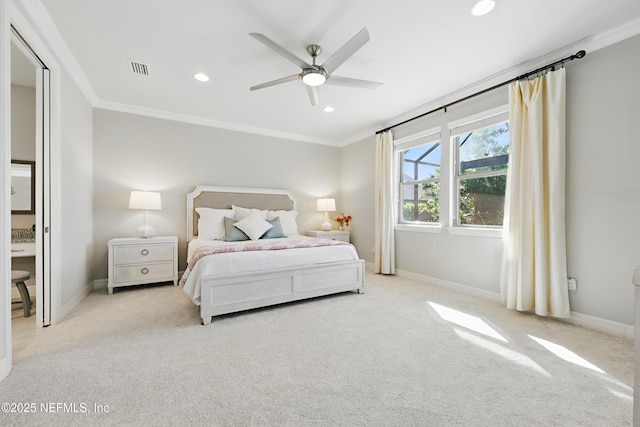 carpeted bedroom with crown molding, visible vents, baseboards, recessed lighting, and a ceiling fan