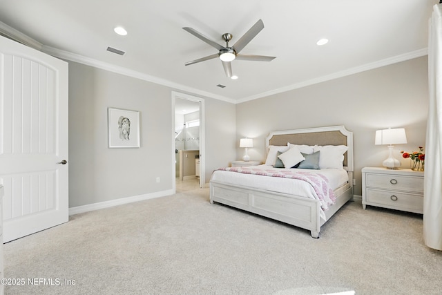 bedroom featuring visible vents, baseboards, crown molding, and light carpet