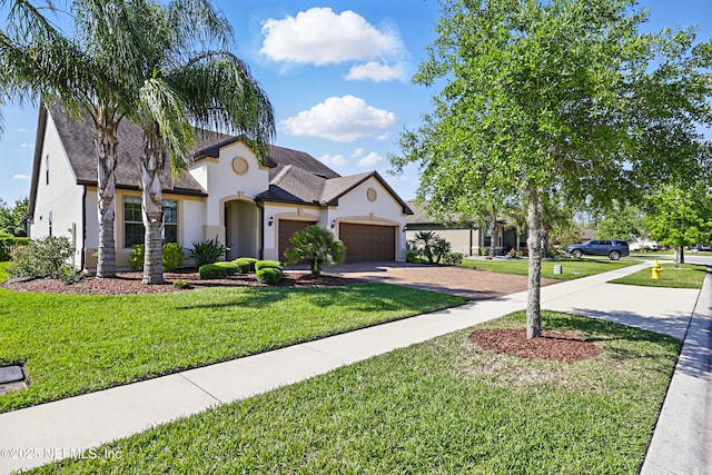 view of front facade with a garage, a front lawn, roof with shingles, stucco siding, and driveway