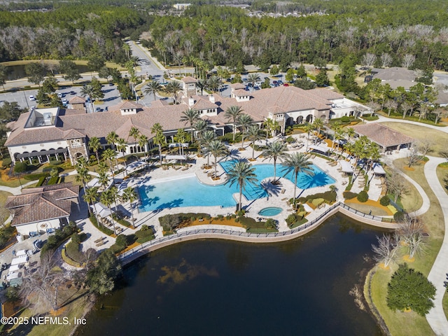bird's eye view with a water view and a residential view
