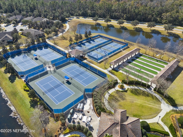 bird's eye view with a water view