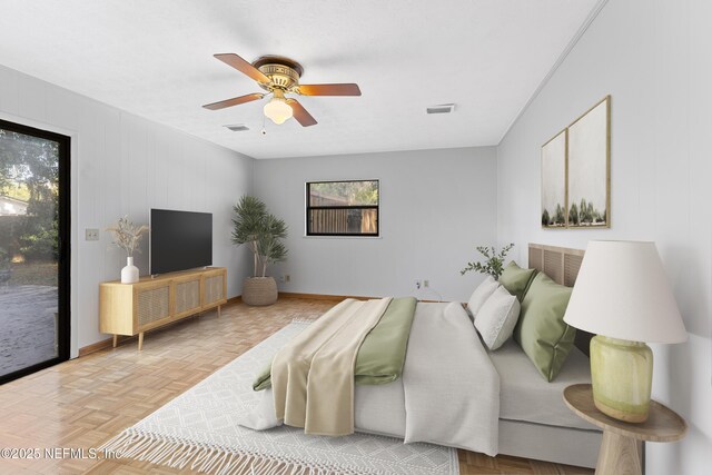 2848 Cedarcrest Dr, Orange Park, FL 32073 - bedroom featuring ceiling fan, baseboards, access to outside, and visible vents