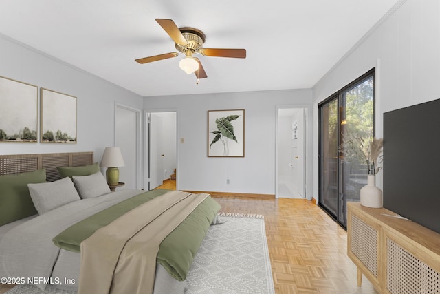 2848 Cedarcrest Dr, Orange Park, FL 32073 - bedroom featuring ceiling fan, baseboards, access to exterior, and ensuite bathroom