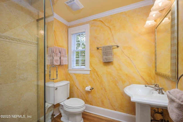 2127 River Rd, Jacksonville, FL 32207 - bathroom with crown molding, a stall shower, and wood finished floors