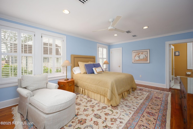 2127 River Rd, Jacksonville, FL 32207 - bedroom with wood finished floors, ornamental molding, recessed lighting, and ceiling fan