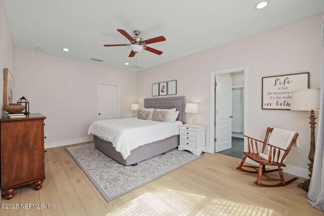 120 Corey Cay Ave, Saint Augustine, FL 32092 - bedroom featuring wood finished floors, recessed lighting, baseboards, a ceiling fan, and ensuite bathroom