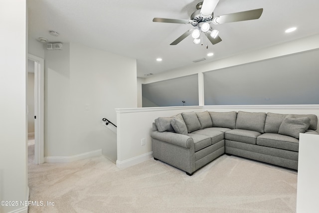 carpeted living room featuring recessed lighting, visible vents, a ceiling fan, and baseboards