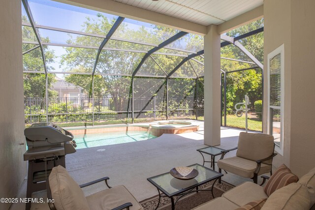 920 Gallier Pl, Jacksonville, FL 32259 - view of patio / terrace featuring glass enclosure, a pool with connected hot tub, and a grill