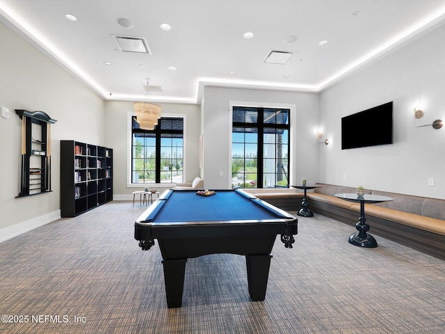 game room with visible vents, baseboards, carpet floors, and billiards