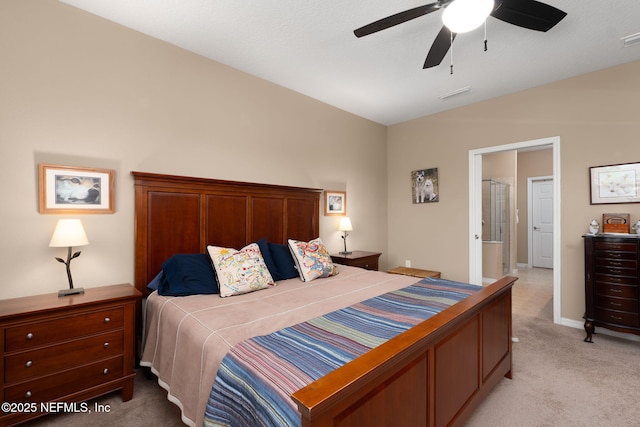 bedroom with visible vents, a ceiling fan, light carpet, and baseboards