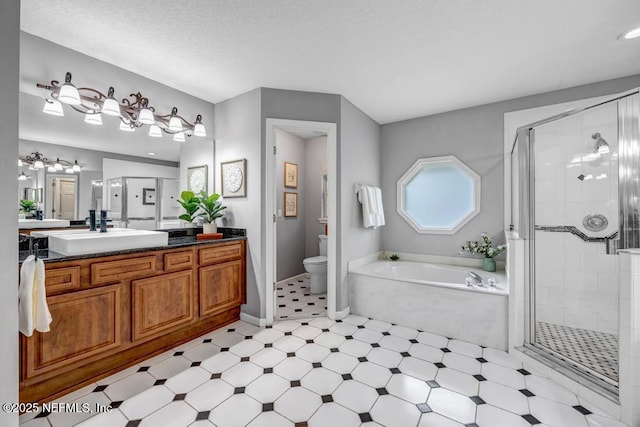 1104 Creekwood Way, Saint Johns, FL 32259 - bathroom featuring a garden tub, vanity, a shower stall, and tile patterned floors
