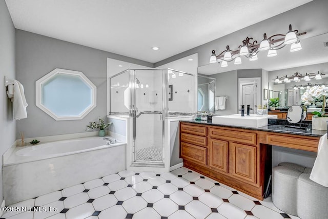 1104 Creekwood Way, Saint Johns, FL 32259 - full bathroom featuring a bath, vanity, a stall shower, tile patterned floors, and recessed lighting