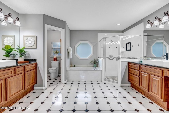 1104 Creekwood Way, Saint Johns, FL 32259 - full bathroom featuring tile patterned floors, a garden tub, two vanities, a stall shower, and recessed lighting