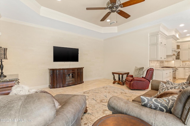 106 Villa Sovana Ct, Saint Johns, FL 32259 - living area featuring a ceiling fan, baseboards, a tray ceiling, and recessed lighting